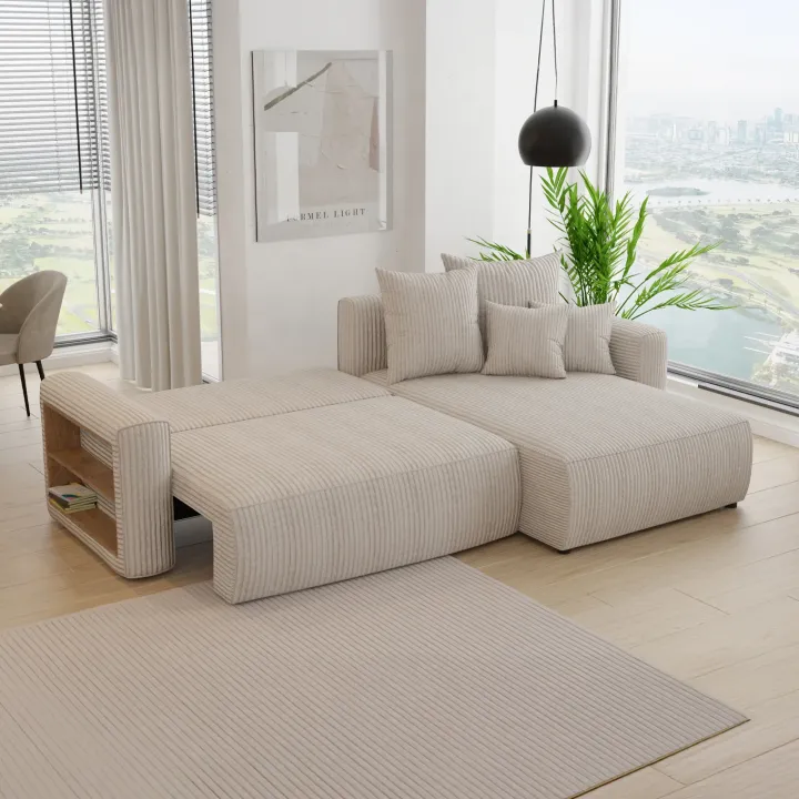Divano letto angolare reversibile 260x160cm velluto a coste con libreria a sinistra beige Mistery