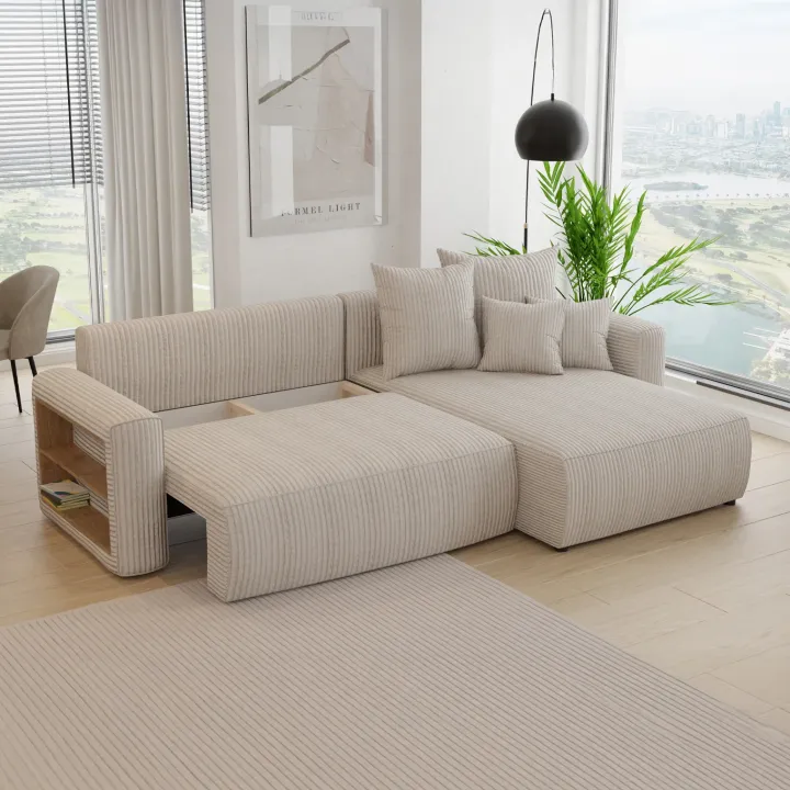 Divano letto angolare reversibile 260x160cm velluto a coste con libreria a sinistra beige Mistery