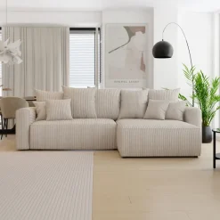 Divano letto angolare reversibile 260x160cm velluto a coste con libreria a sinistra beige Mistery