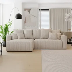 Divano letto angolare reversibile 260x160cm velluto a coste con libreria a destra beige Mistery