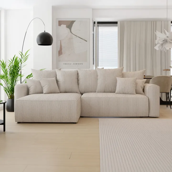 Divano letto angolare reversibile 260x160cm velluto a coste con libreria a destra beige Mistery