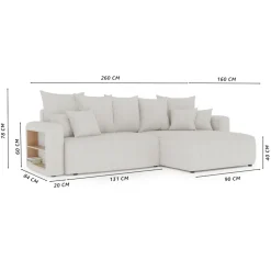 Divano letto angolare reversibile 260x160cm velluto a coste con libreria a destra beige Mistery