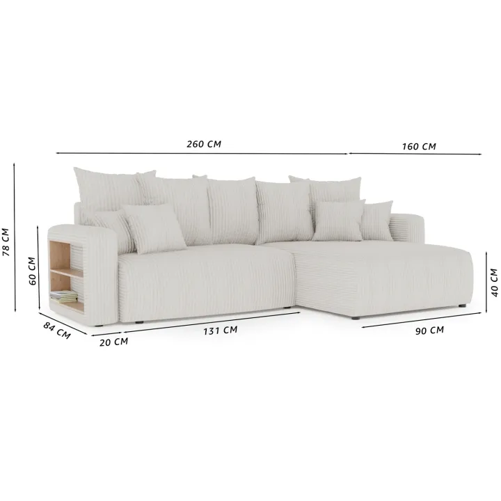 Divano letto angolare reversibile 260x160cm velluto a coste con libreria a destra beige Mistery