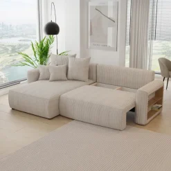 Divano letto angolare reversibile 260x160cm velluto a coste con libreria a destra beige Mistery