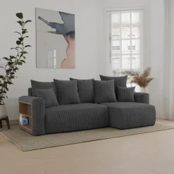 Divano letto angolare reversibile 238x142cm velluto a coste con libreria a sinistra antracite Mistery