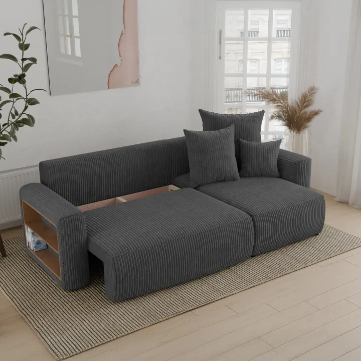 Divano letto angolare reversibile 238x142cm velluto a coste con libreria a sinistra antracite Mistery