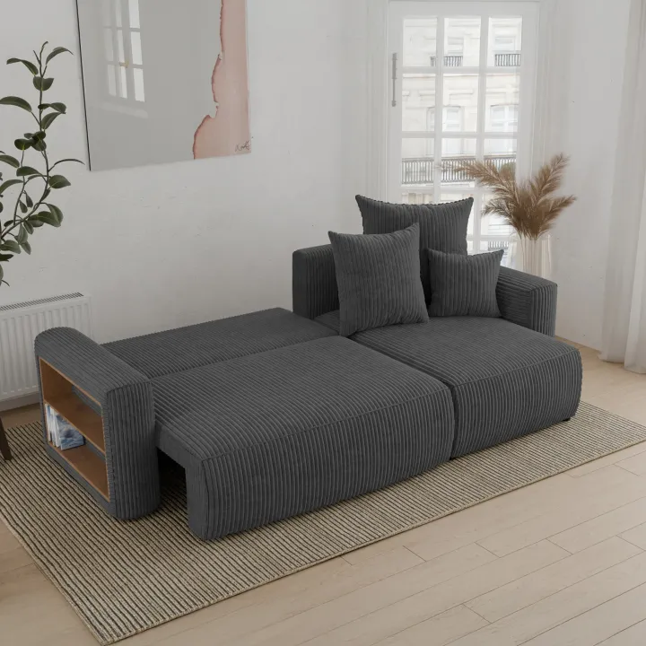 Divano letto angolare reversibile 238x142cm velluto a coste con libreria a sinistra antracite Mistery