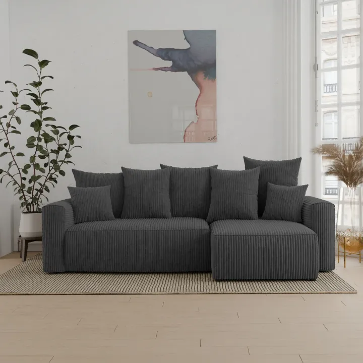 Divano letto angolare reversibile 238x142cm velluto a coste con libreria a sinistra antracite Mistery