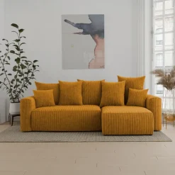 Divano letto angolare reversibile 238x142cm velluto a coste con libreria a sinistra giallo senape Mistery