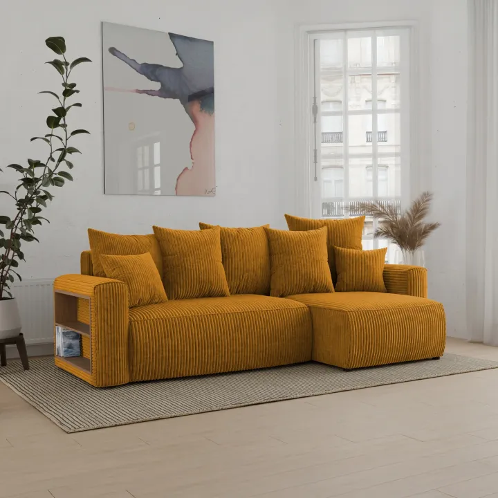 Divano letto angolare reversibile 238x142cm velluto a coste con libreria a sinistra giallo senape Mistery