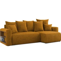 Divano letto angolare reversibile 238x142cm velluto a coste con libreria a sinistra giallo senape Mistery