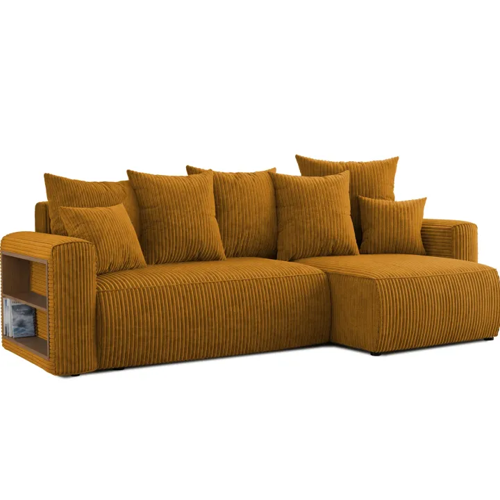 Divano letto angolare reversibile 238x142cm velluto a coste con libreria a sinistra giallo senape Mistery