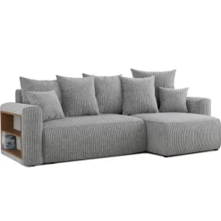 Divano letto angolare reversibile 238x142cm velluto a coste con libreria a sinistra grigio chiaro Mistery