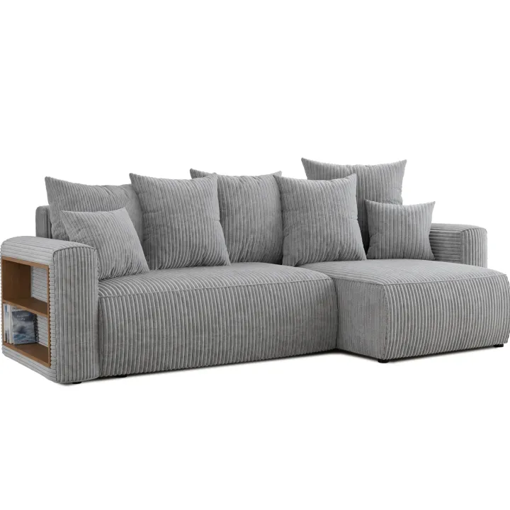 Divano letto angolare reversibile 238x142cm velluto a coste con libreria a sinistra grigio chiaro Mistery