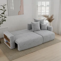 Divano letto angolare reversibile 238x142cm velluto a coste con libreria a sinistra grigio chiaro Mistery