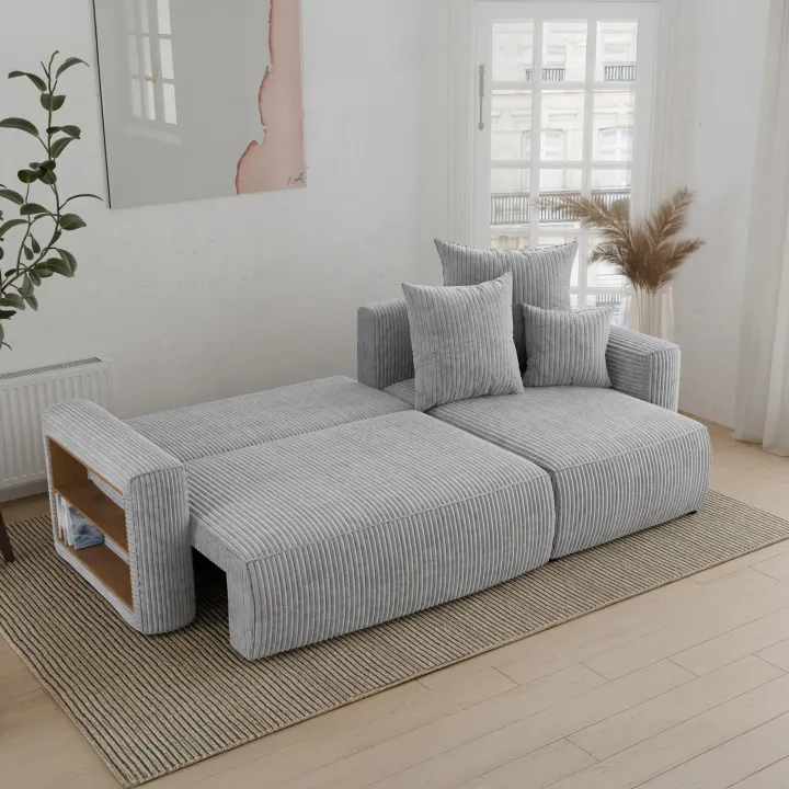 Divano letto angolare reversibile 238x142cm velluto a coste con libreria a sinistra grigio chiaro Mistery