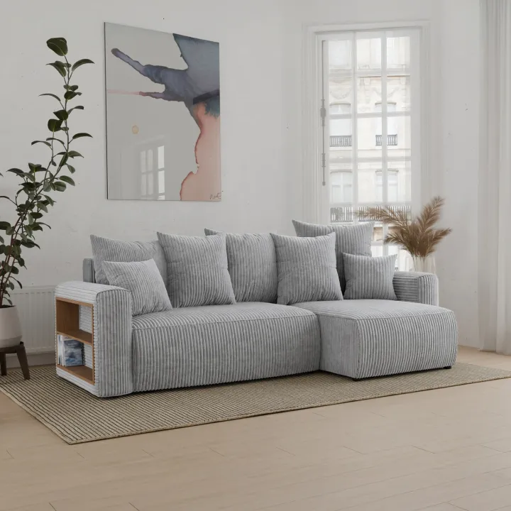 Divano letto angolare reversibile 238x142cm velluto a coste con libreria a sinistra grigio chiaro Mistery