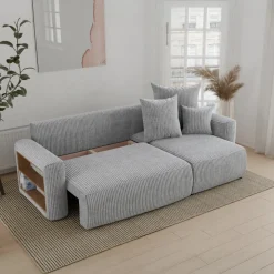 Divano letto angolare reversibile 238x142cm velluto a coste con libreria a sinistra grigio chiaro Mistery