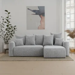 Divano letto angolare reversibile 238x142cm velluto a coste con libreria a sinistra grigio chiaro Mistery