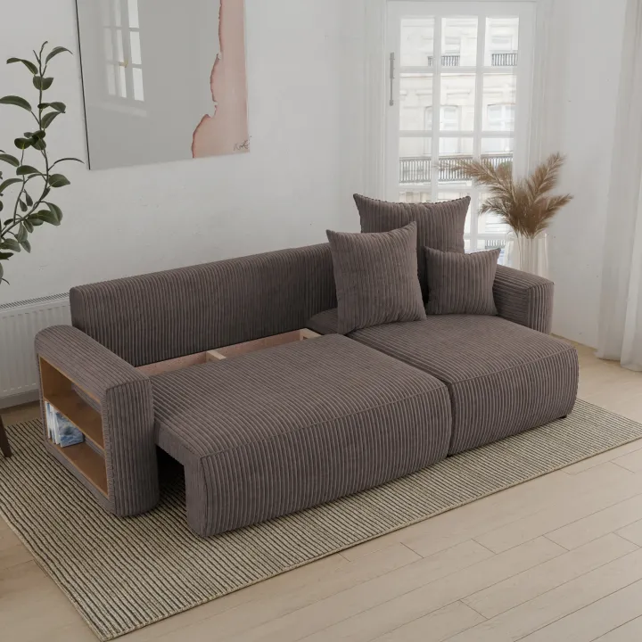Divano letto angolare reversibile 238x142cm velluto a coste con libreria a sinistra marrone Mistery