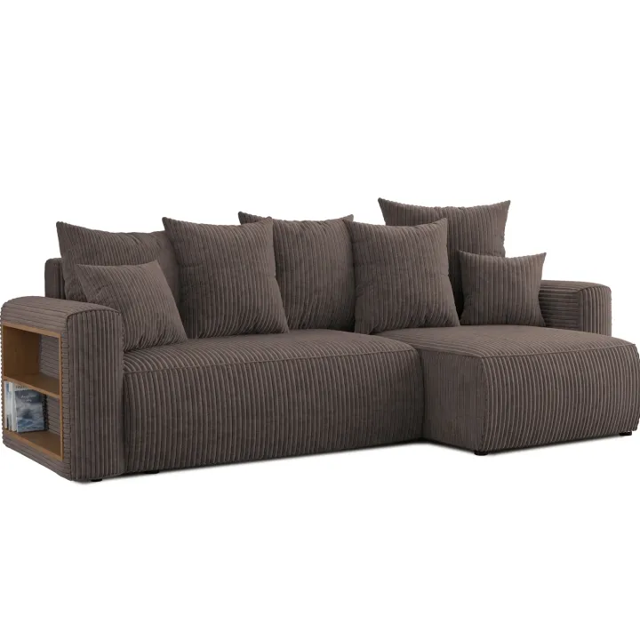 Divano letto angolare reversibile 238x142cm velluto a coste con libreria a sinistra marrone Mistery
