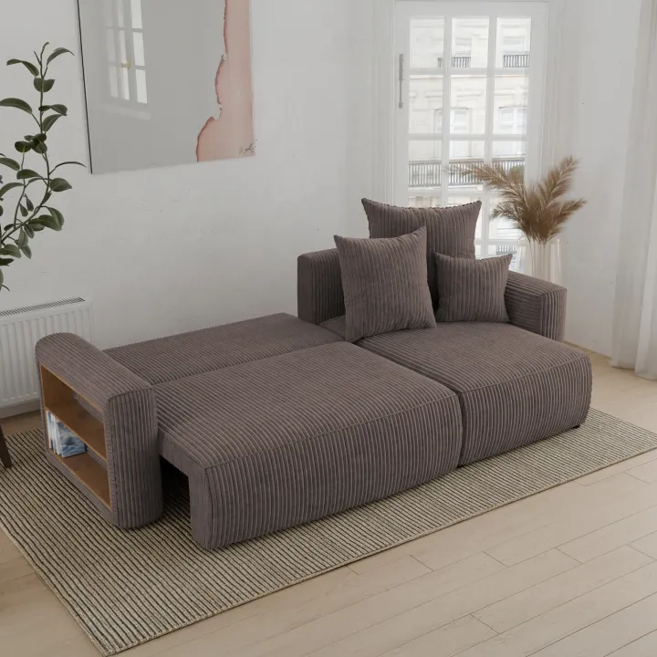Divano letto angolare reversibile 238x142cm velluto a coste con libreria a sinistra marrone Mistery