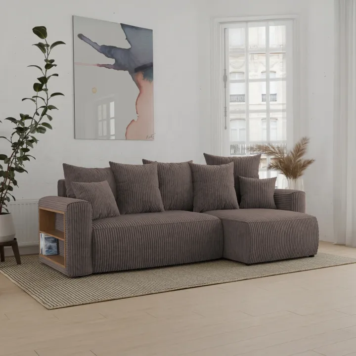 Divano letto angolare reversibile 238x142cm velluto a coste con libreria a sinistra marrone Mistery