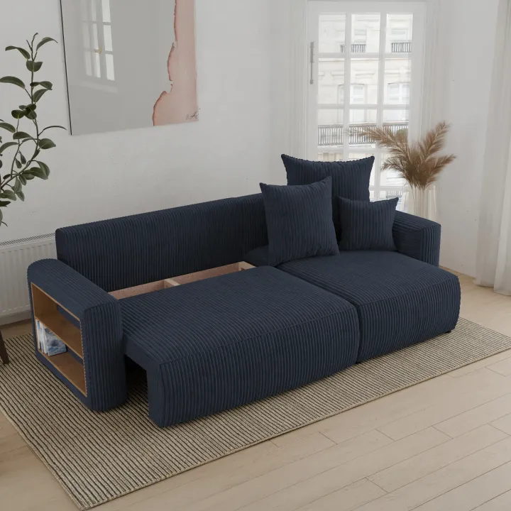 Divano letto angolare reversibile 238x142cm velluto a coste con libreria a sinistra nero Mistery