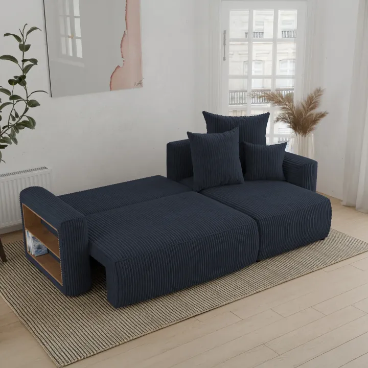Divano letto angolare reversibile 238x142cm velluto a coste con libreria a sinistra nero Mistery