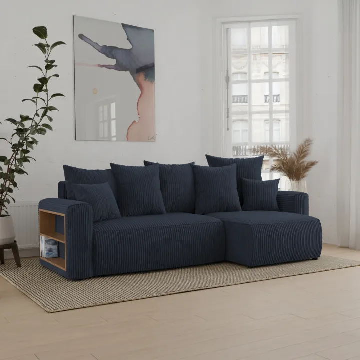 Divano letto angolare reversibile 238x142cm velluto a coste con libreria a sinistra nero Mistery