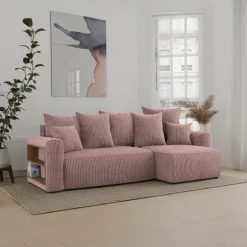 Divano letto angolare reversibile 238x142cm velluto a coste con libreria a sinistra rosa antico Mistery