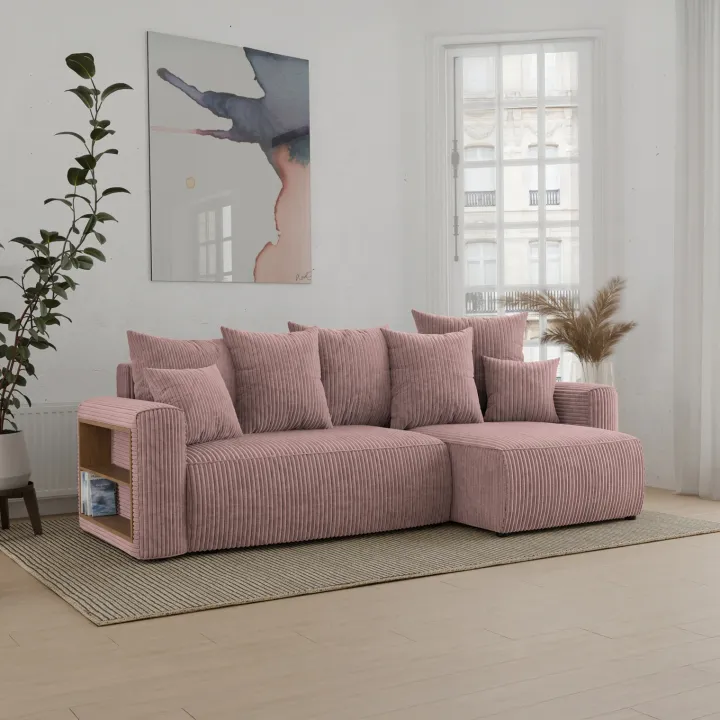 Divano letto angolare reversibile 238x142cm velluto a coste con libreria a sinistra rosa antico Mistery