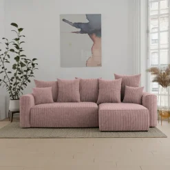 Divano letto angolare reversibile 238x142cm velluto a coste con libreria a sinistra rosa antico Mistery