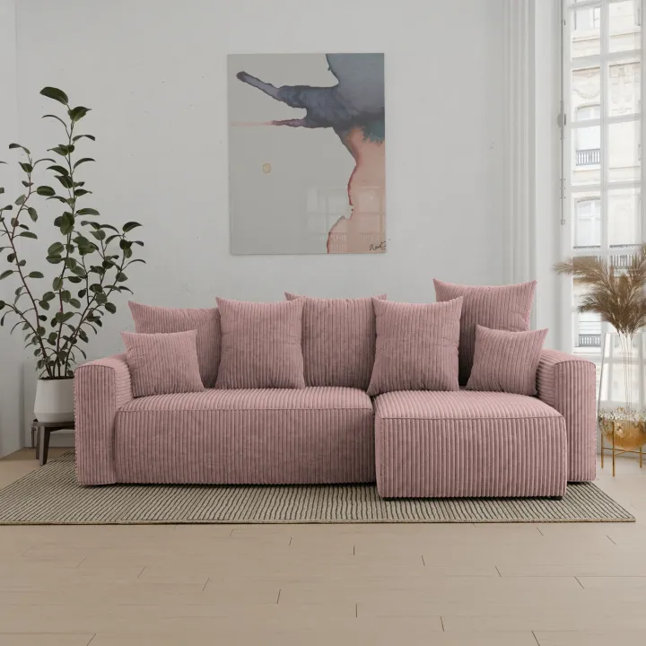 Divano letto angolare reversibile 238x142cm velluto a coste con libreria a sinistra rosa antico Mistery