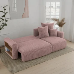 Divano letto angolare reversibile 238x142cm velluto a coste con libreria a sinistra rosa antico Mistery