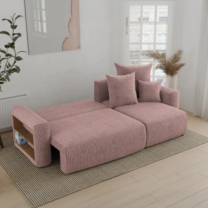 Divano letto angolare reversibile 238x142cm velluto a coste con libreria a sinistra rosa antico Mistery