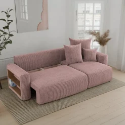 Divano letto angolare reversibile 238x142cm velluto a coste con libreria a sinistra rosa antico Mistery
