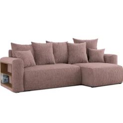 Divano letto angolare reversibile 238x142cm velluto a coste con libreria a sinistra rosa antico Mistery