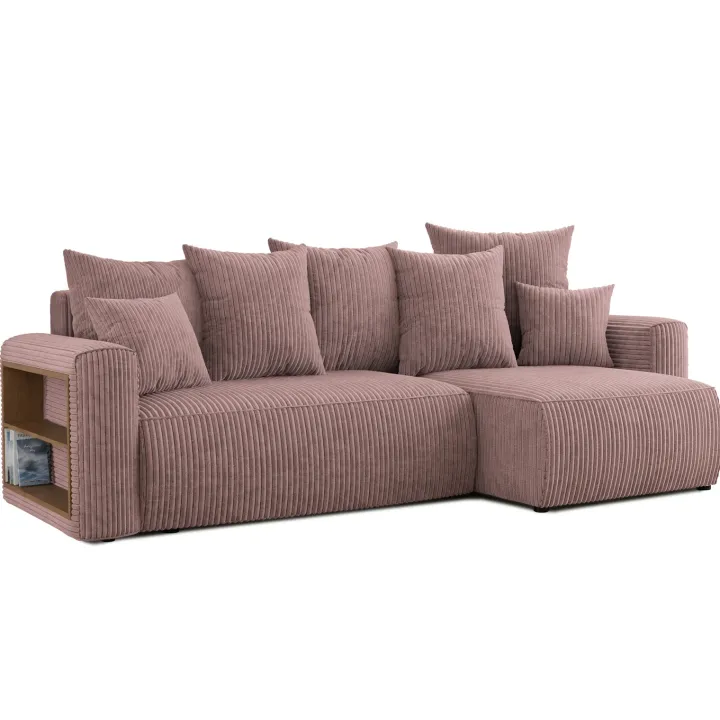 Divano letto angolare reversibile 238x142cm velluto a coste con libreria a sinistra rosa antico Mistery