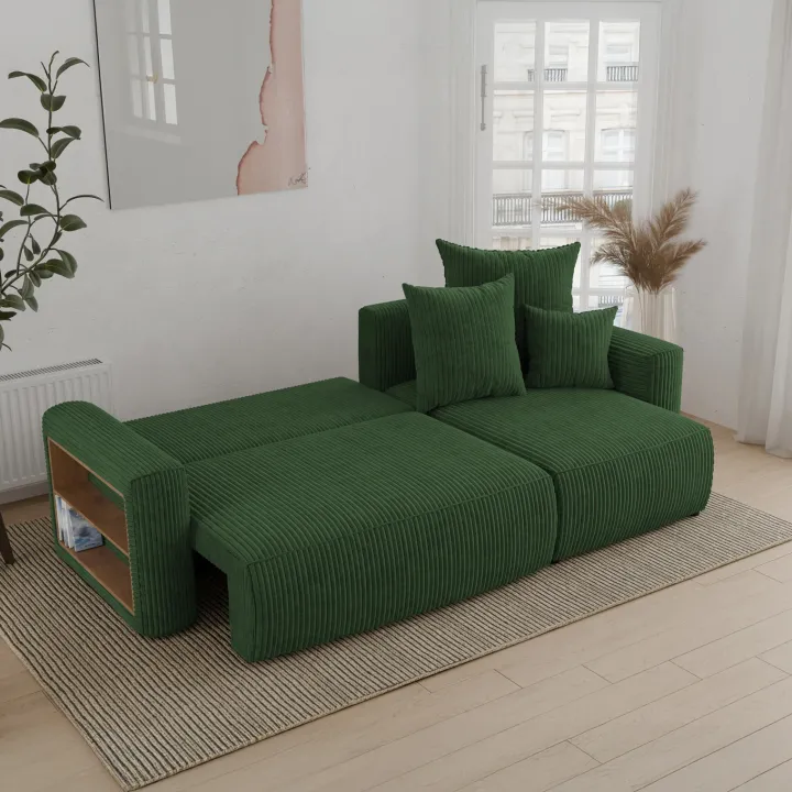 Divano letto angolare reversibile 238x142cm velluto a coste con libreria a sinistra verde scuro Mistery
