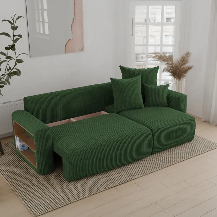 Divano letto angolare reversibile 238x142cm velluto a coste con libreria a sinistra verde scuro Mistery