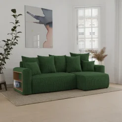 Divano letto angolare reversibile 238x142cm velluto a coste con libreria a sinistra verde scuro Mistery