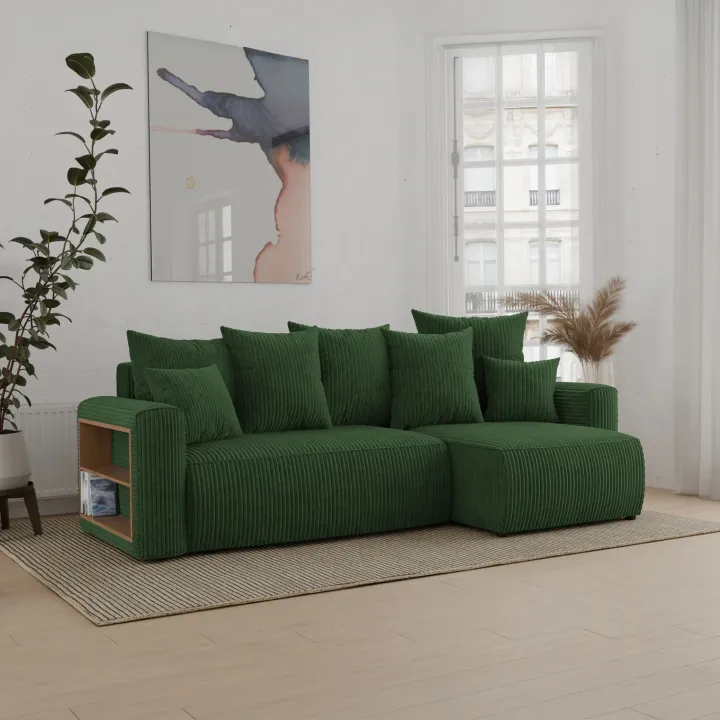 Divano letto angolare reversibile 238x142cm velluto a coste con libreria a sinistra verde scuro Mistery