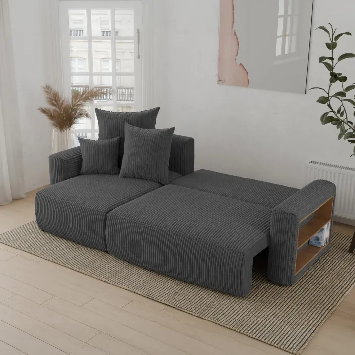Divano letto angolare reversibile 238x142cm velluto a coste con libreria a destra antracite Mistery