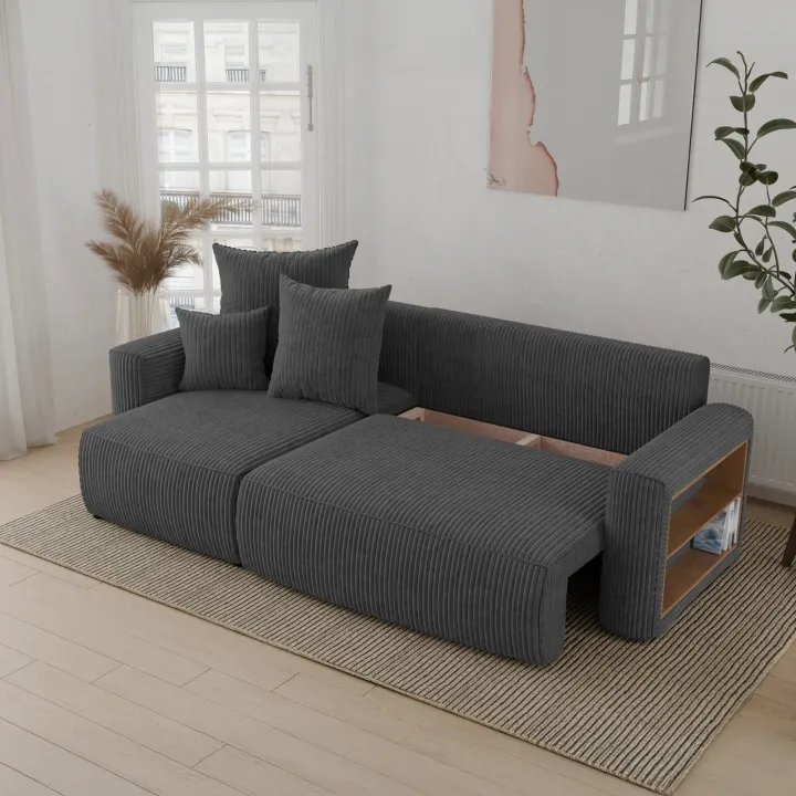 Divano letto angolare reversibile 238x142cm velluto a coste con libreria a destra antracite Mistery
