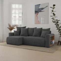 Divano letto angolare reversibile 238x142cm velluto a coste con libreria a destra antracite Mistery