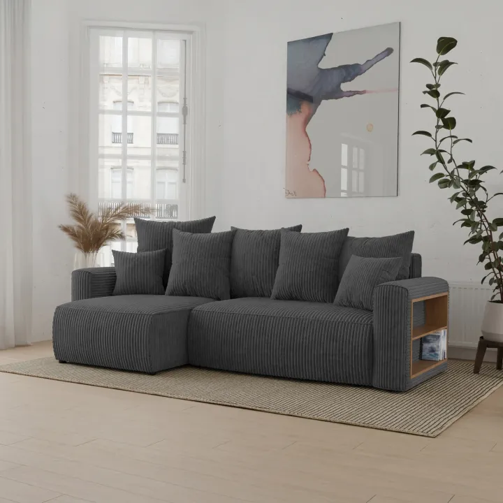Divano letto angolare reversibile 238x142cm velluto a coste con libreria a destra antracite Mistery