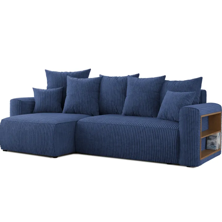 Divano letto angolare reversibile 238x142cm velluto a coste con libreria a destra blu Mistery