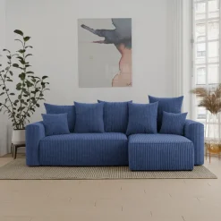 Divano letto angolare reversibile 238x142cm velluto a coste con libreria a destra blu Mistery