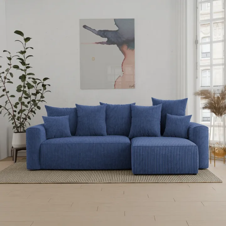 Divano letto angolare reversibile 238x142cm velluto a coste con libreria a destra blu Mistery